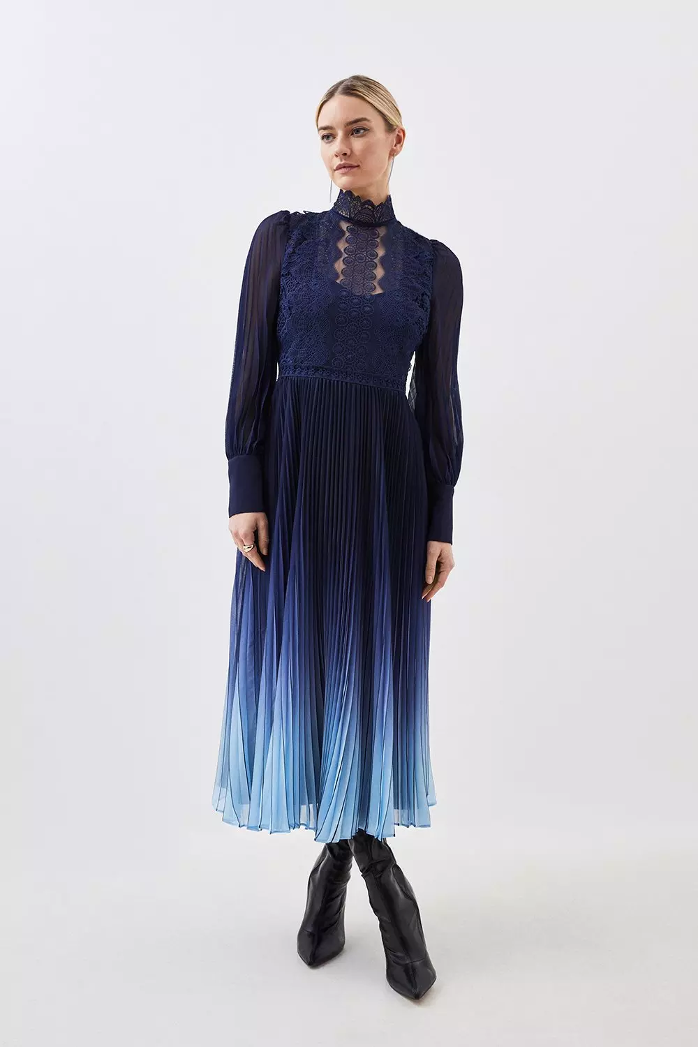 Petite Long Sleeve Ombre Guipure Lace Maxi Dress