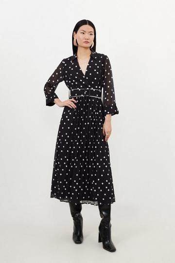 Pleated Contrast Georgette Spot Woven Midi Dress black