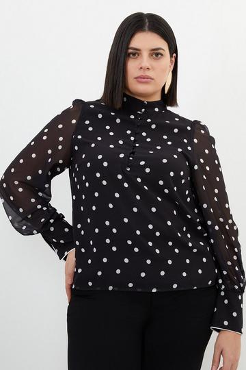 Black Plus Size Contrast Georgette Spot Woven Blouse