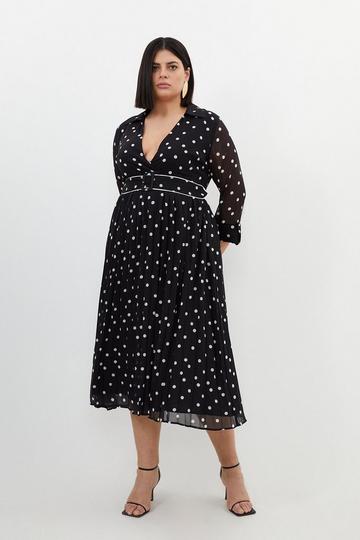 Black Plus Size Pleated Contrast Georgette Spot Woven Midi Dress