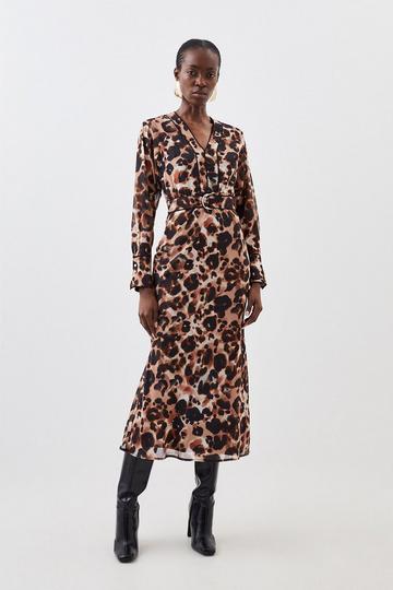 Multi Tall Blurred Animal Pleated Georgette Woven Midaxi Dress