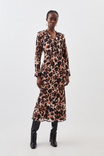 Multi Blurred Animal Print Pleated Georgette Woven Midaxi Dress