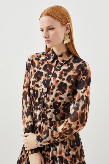 Petite Blurred Animal Georgette Woven Shirt Midi Dress animal