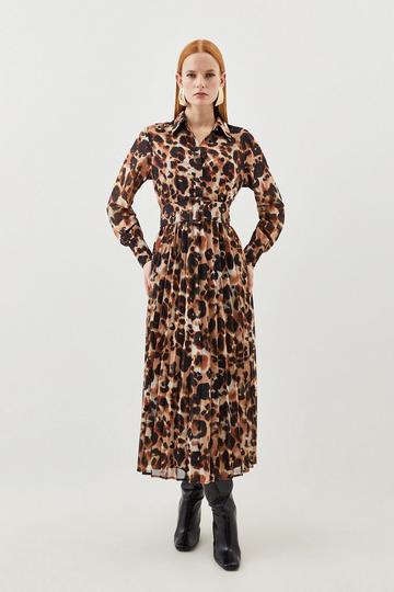 Blurred Animal Pleated Georgette Woven Shirt Midi Dress animal
