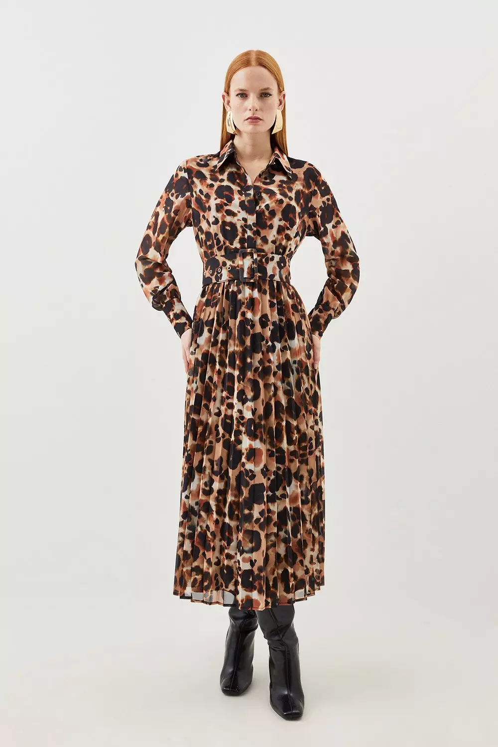 Blurred Animal Pleated Georgette Woven Shirt Midi Dress