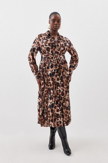 Plus Size Blurred Animal Georgette Woven Shirt Midi Dress animal