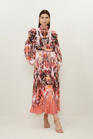 Multi Mirrored Floral Print Pleated Woven Maxi Dress