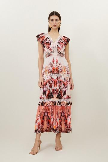 Mirrored Floral Print Pleated Woven Sleeveless Maxi Dress floral
