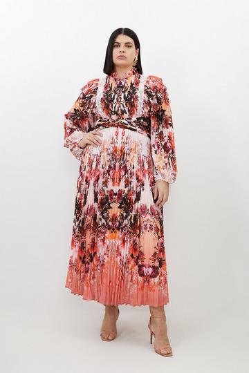 Multi Plus Size Mirrored Floral Print Pleated Woven Maxi Dress