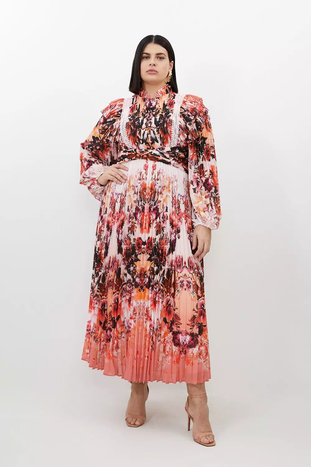 Plus Size Mirrored Floral Print Pleated Woven Maxi Dress | Karen Millen