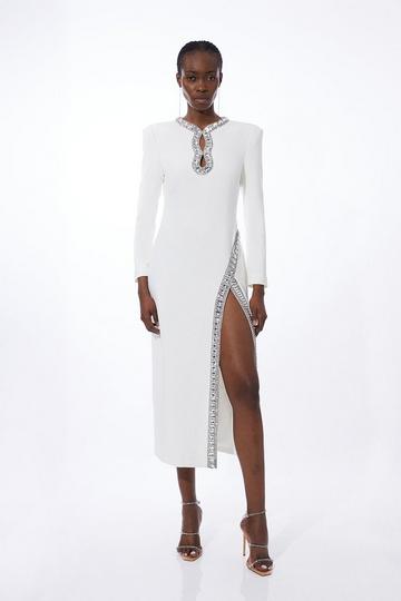 Cut Out Crystal Embellished Woven Maxi Dress ivory