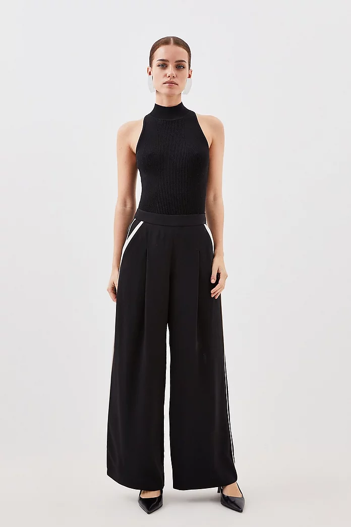 Petite Soft Tailored Piping Detail Wide Leg Pants
