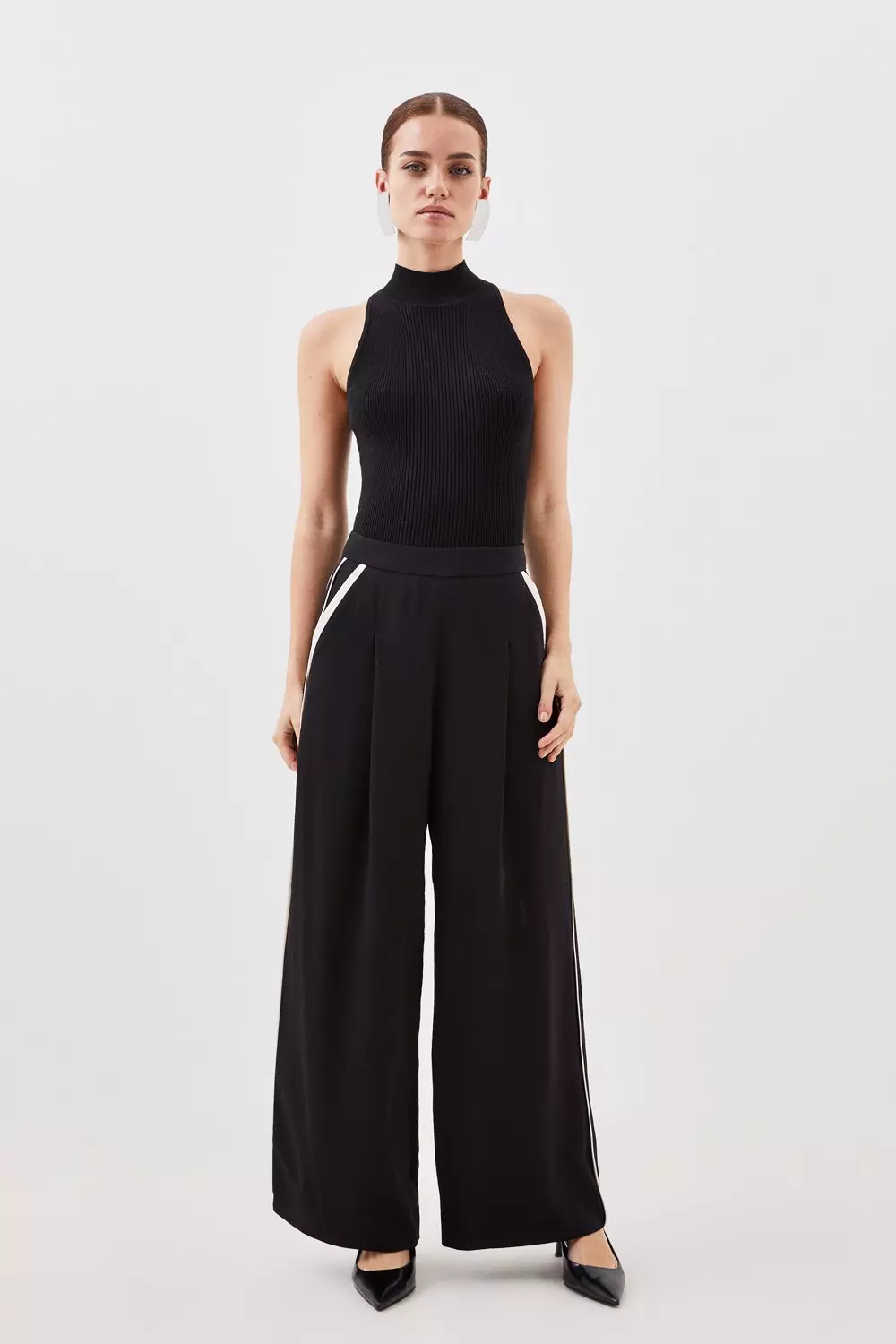 Petite Soft Tailored Piping Detail Wide Leg Trousers