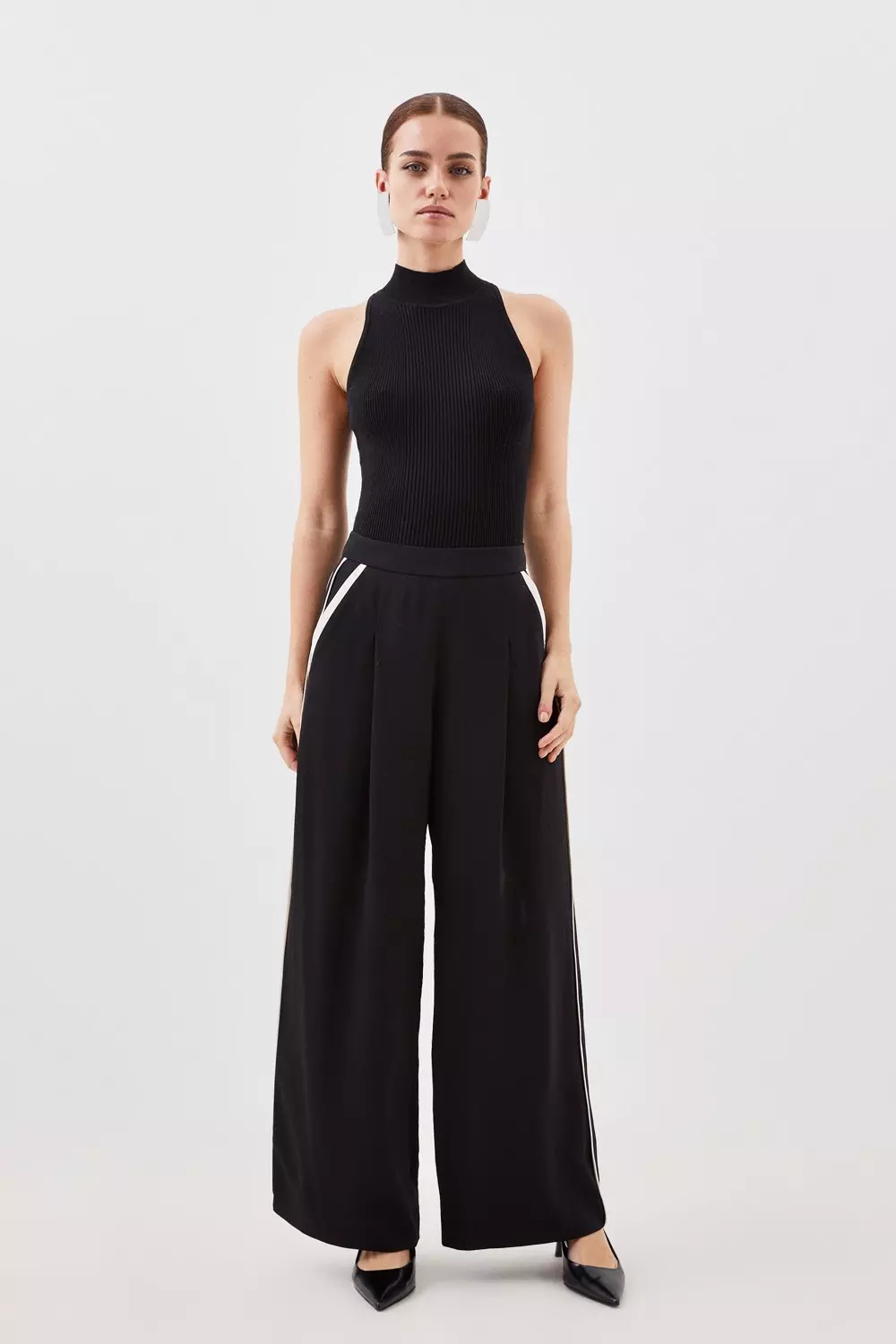 Petite Soft Tailored Piping Detail Wide Leg Pants | Karen Millen