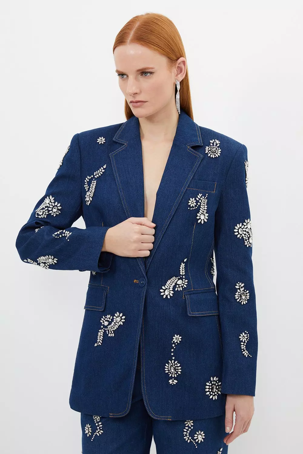 Embellished Denim Single Breasted Blazer