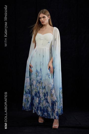 Scattered Floral Print Woven Pleated Cape Maxi Dress floral
