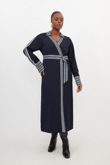 Plus Size Contrast Twill Woven Belted Midaxi Dress navy