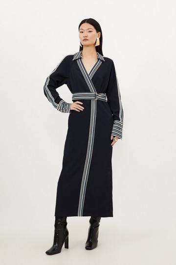Navy Collared Contrast Twill Woven Belted Midaxi Dress