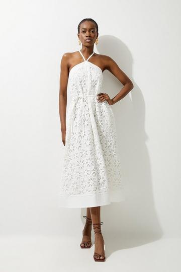 White Crafted Cotton Embroidery Woven Halter Maxi Dress