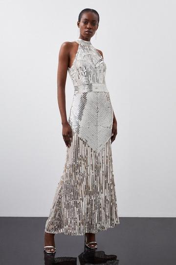 Silver Petite Pearl Embellished Open Back Maxi Dress