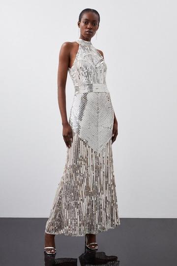 Silver Pearl Embellished Open Back Maxi Dress