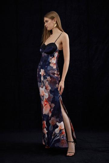 Multi Petite Contrast Satin Floral Bustier Woven Midi Dress