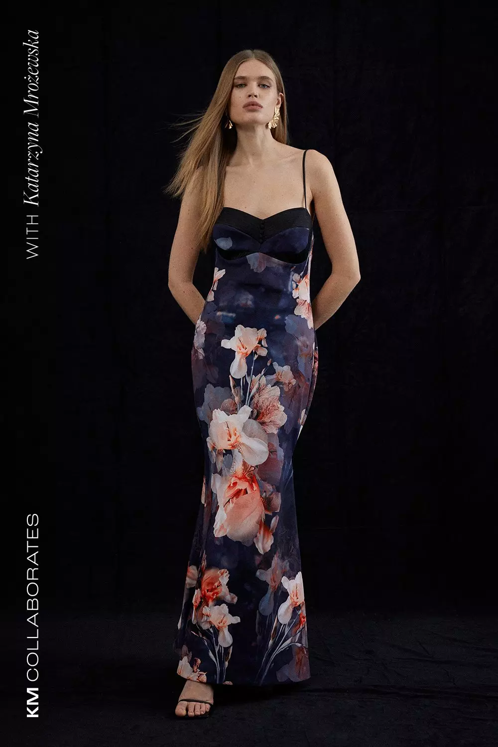 Contrast Satin Floral Bustier Woven Midi Dress