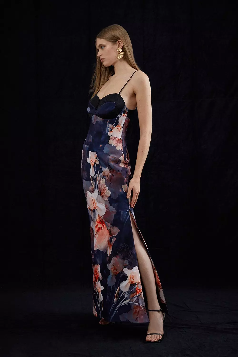 Contrast Satin Floral Bustier Woven Midi Dress
