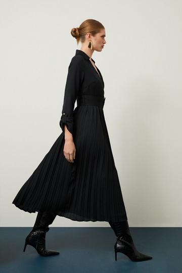 Black Pleated Georgette Woven Midi Dress