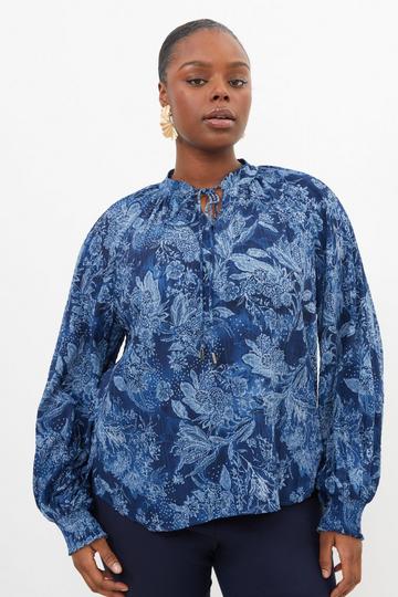 Plus Size Top Stitch Floral Crinkle Cotton Woven Blouse blue