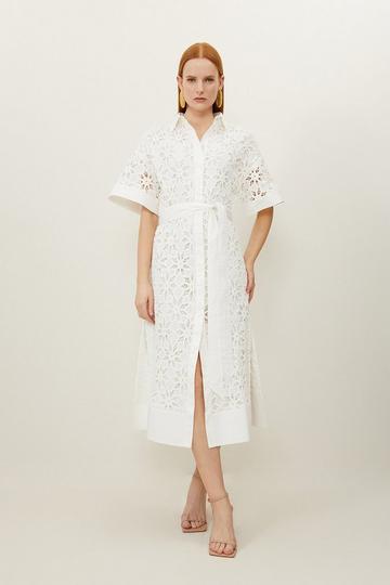 White Petite Crafted Cotton Embroidery Woven Shirt Maxi Dress