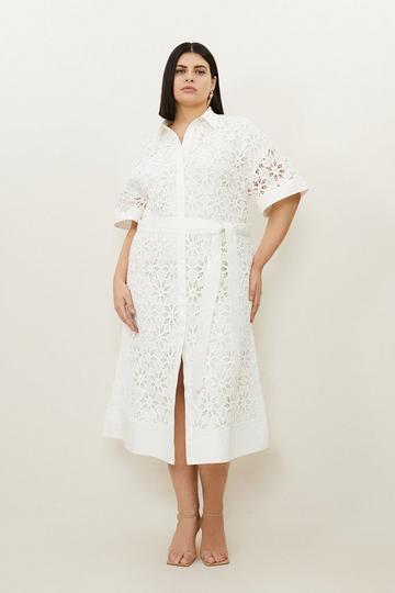 White Plus Size Crafted Cotton Embroidery Woven Shirt Maxi Dress