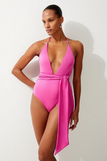 Pink Slinky Plunge Tie Detail Swimsuit
