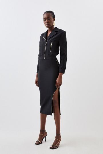 Black Figure Form Bandage Zip Detail Knit Midi Skirt