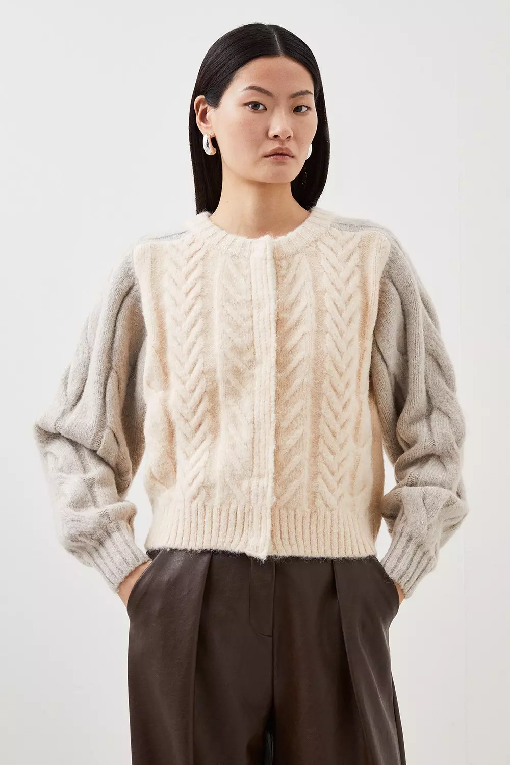 Wool Blend Cable Color Block Cardigan | Karen Millen