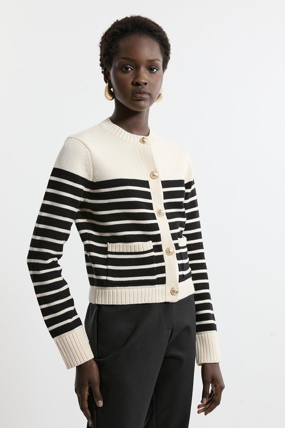 Cotton Cropped Knit Boxy Striped Cardigan – Cream