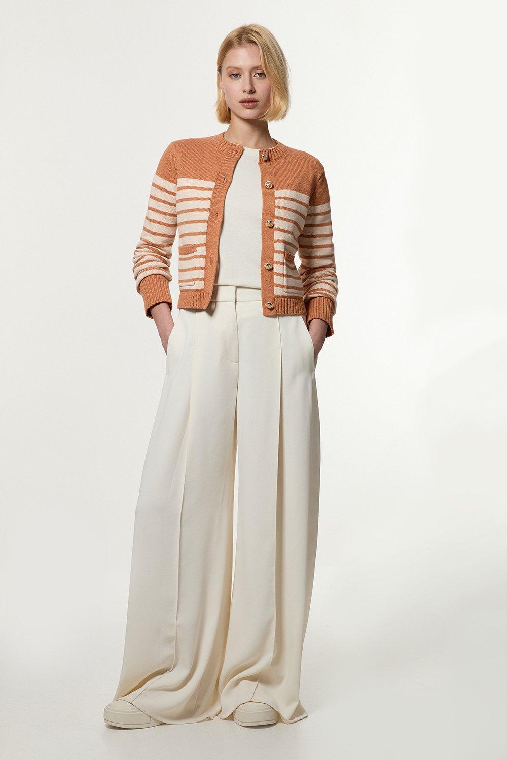 Cotton Cropped Knit Boxy Striped Cardigan – Oatmeal