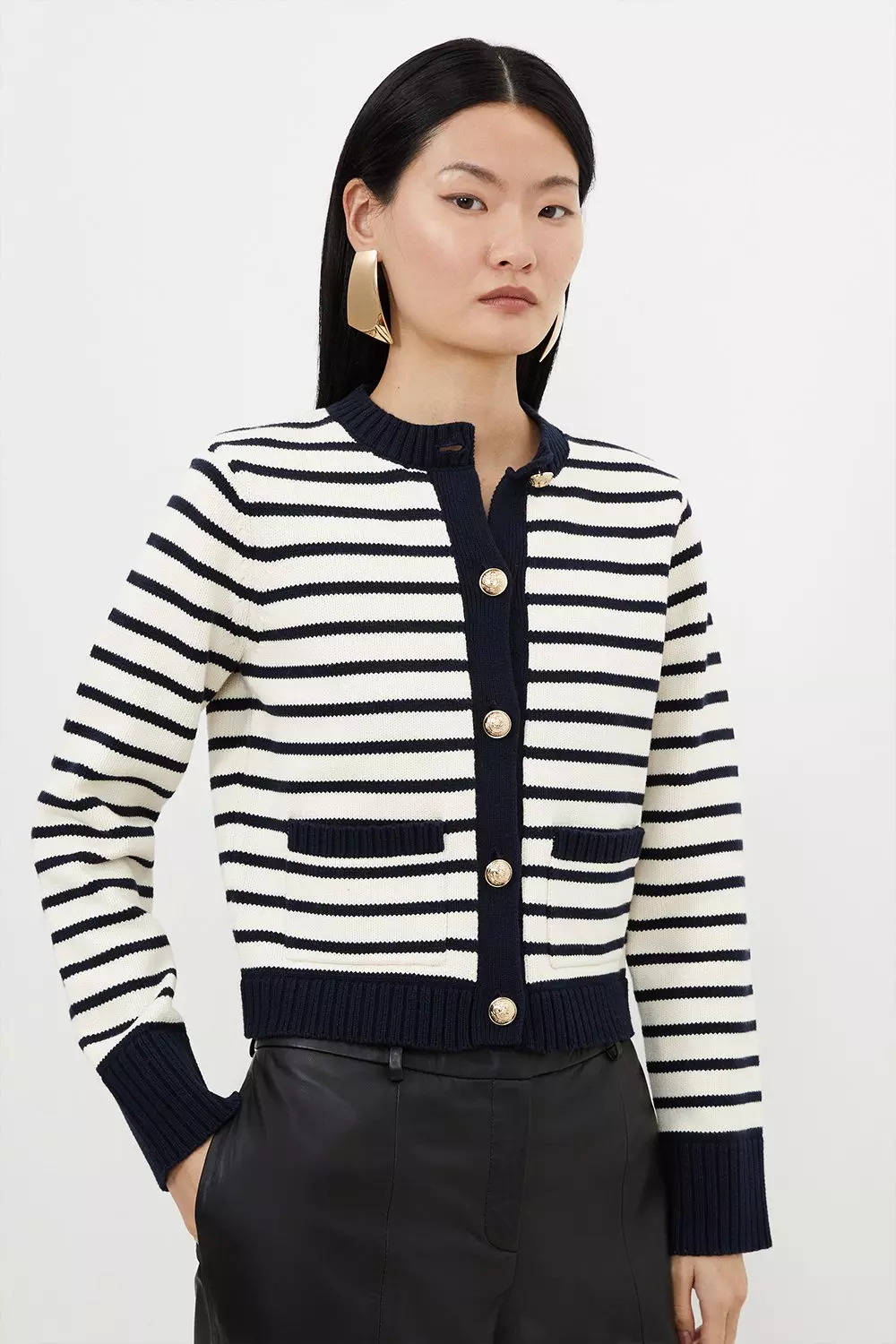 Cotton Cropped Knit Boxy Striped Cardigan Karen Millen