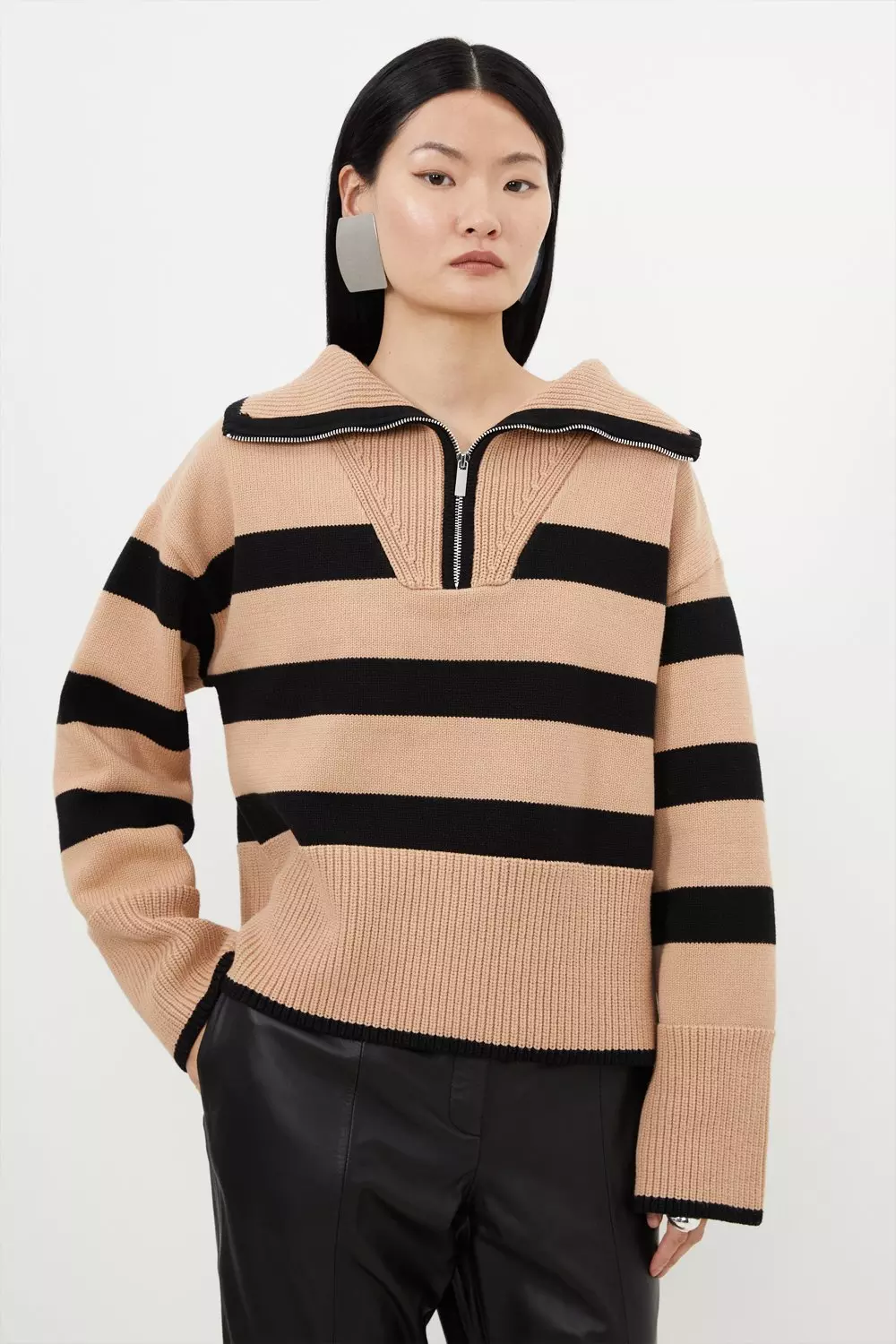 Cotton Zip Collar Knit Stripe Jumper Karen Millen