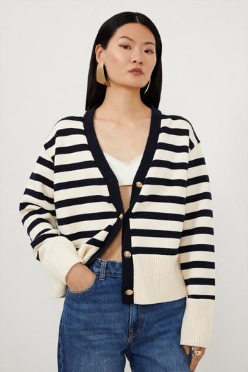 Cotton V Neck Knit Boxy Striped Cardigan stripe
