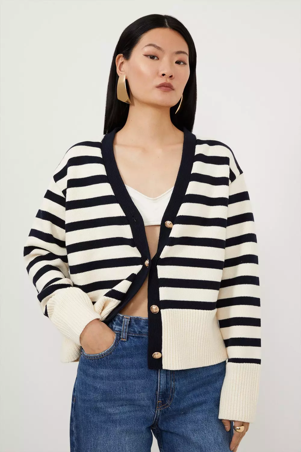 Cotton V Neck Knit Boxy Striped Cardigan | Karen Millen