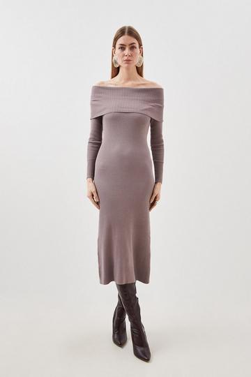 Viscose Blend Bardot Knit Midi Dress mushroom