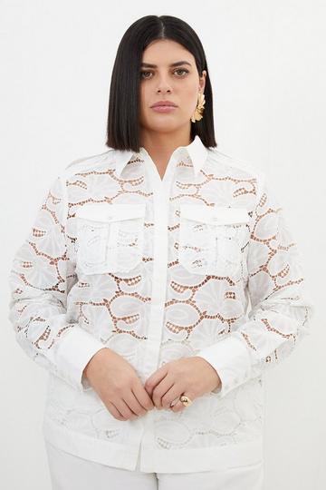White Plus Size Cotton Cutwork Woven Shirt