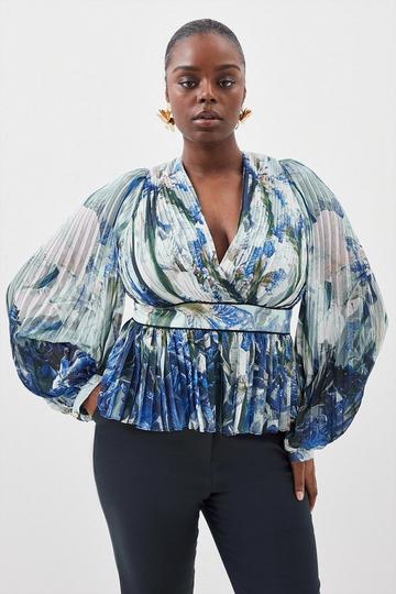 Multi Plus Size Scattered Floral Print Pleated Blouse