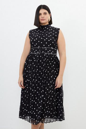 Plus Size Pleated Contrast Georgette Spot Woven Maxi Dress black