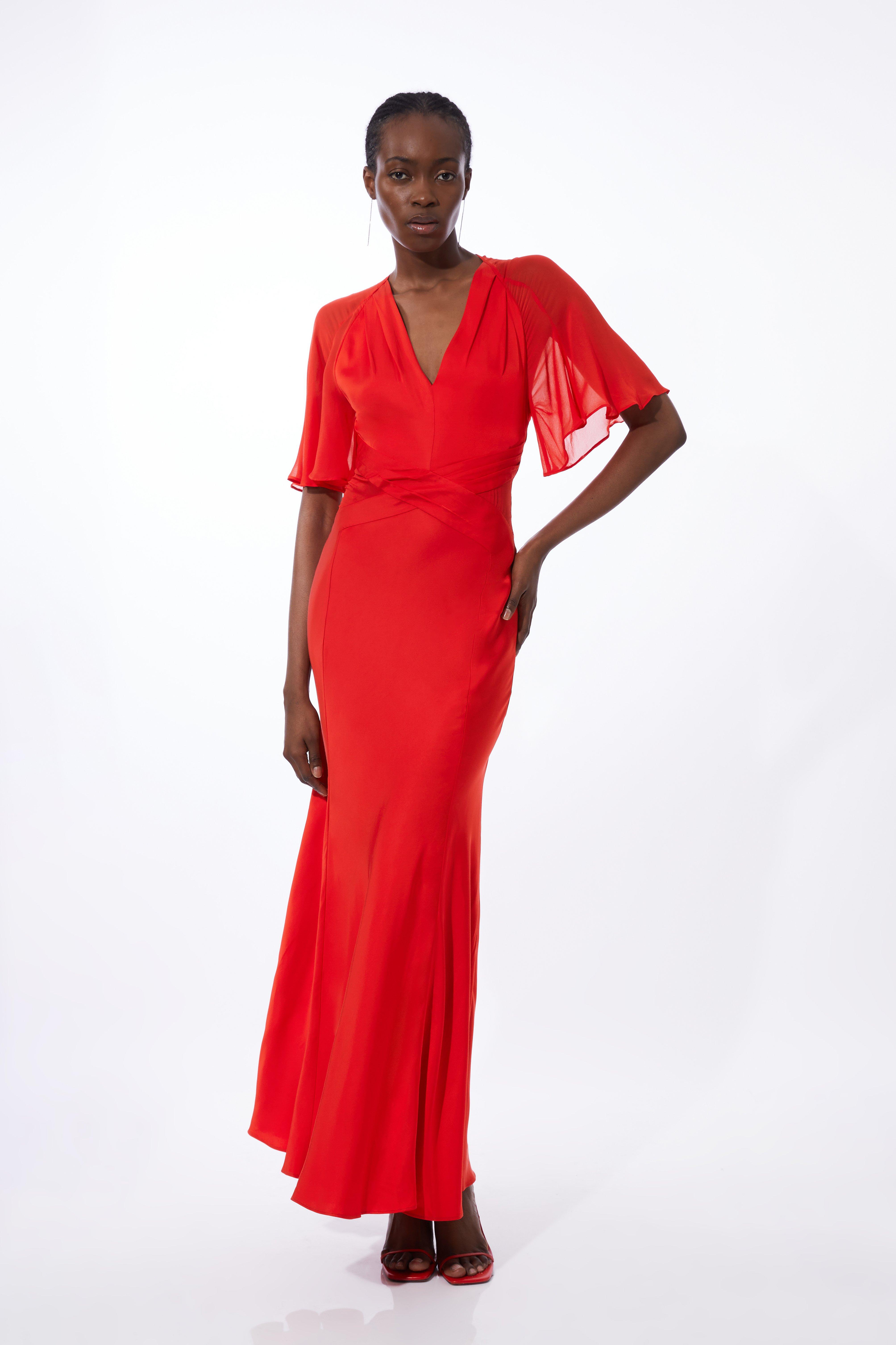 Petite Twist Front Satin And Georgette Mix Woven Maxi Dress - Red