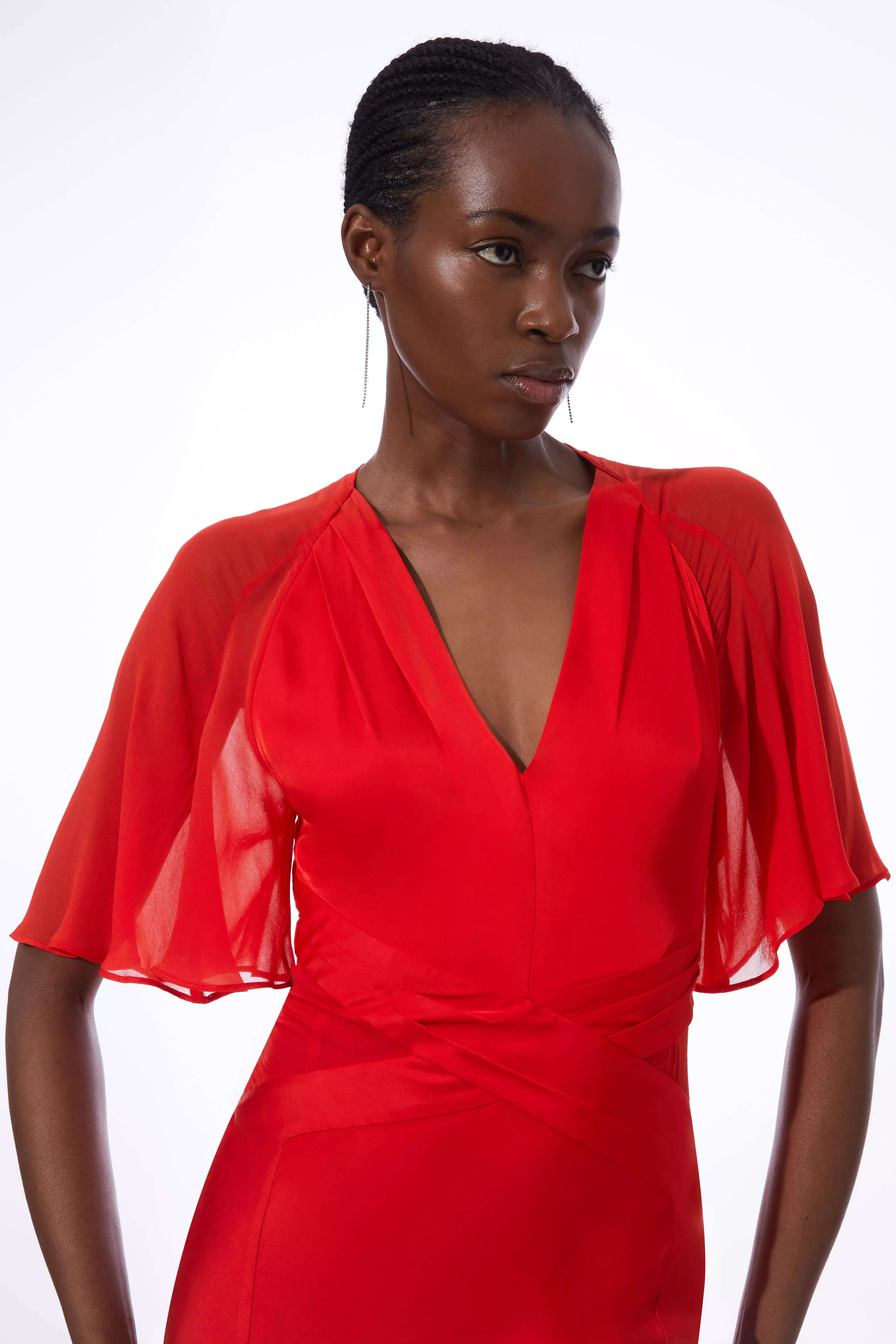 Satin front store twist wrap dress