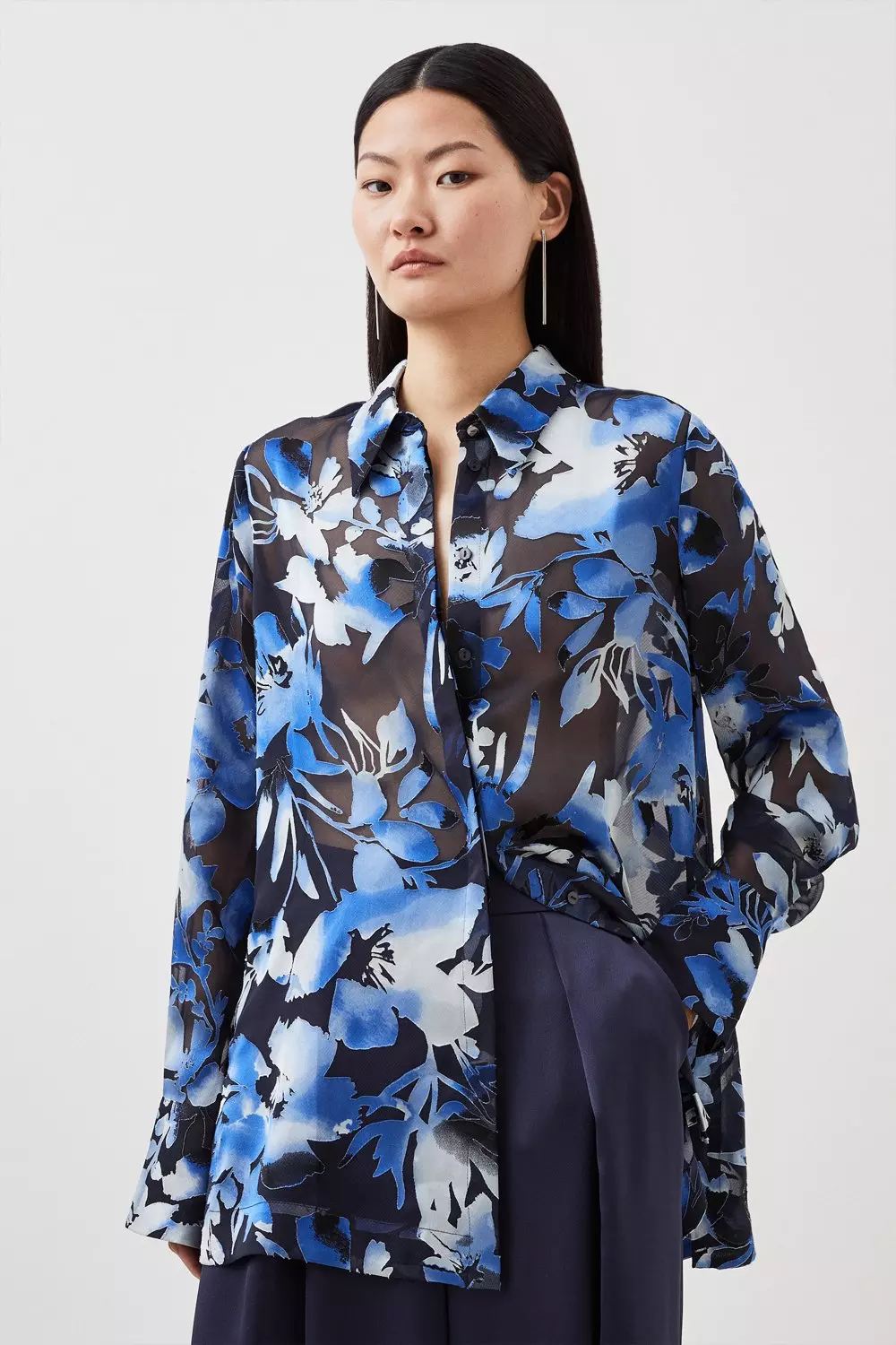 Blue Floral Print Sateen Shirt