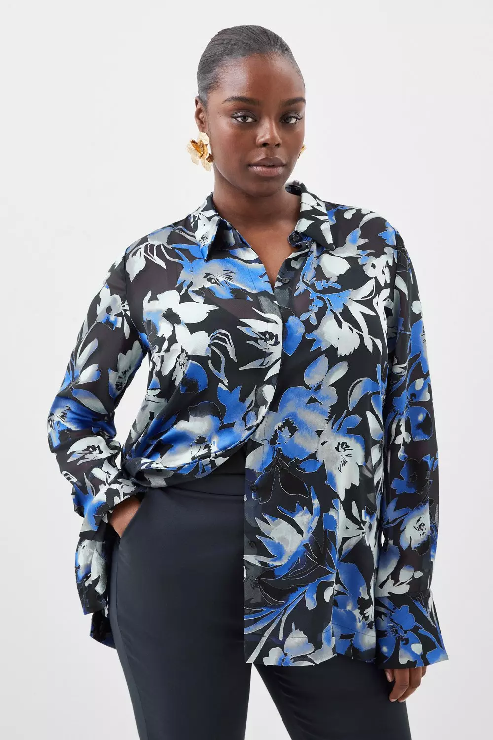 Plus Size Satin Floral Devore Woven Shirt