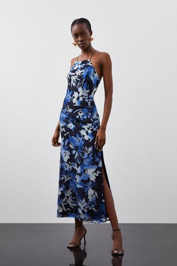 Tall Satin Floral Devore Woven Strappy Maxi Dress navy